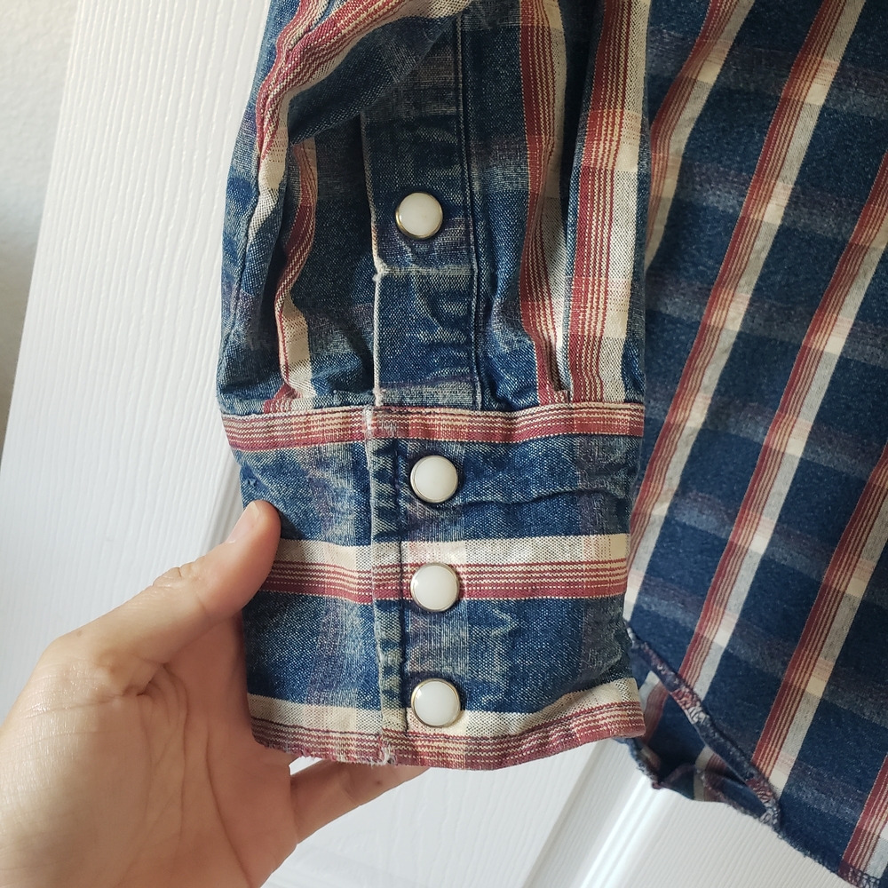 Slim Fit LRG Wrangler Mens Red White Blue Denim Plaid Button Up Western Shirt - Picture 4 of 14